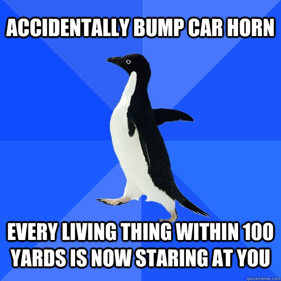 Accidentally Bump car horn  Every living thing within 100 yards is now staring at you  Socially Awkward Penguin