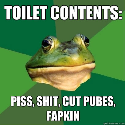 Toilet Contents: piss, shit, cut pubes, fapkin  Foul Bachelor Frog