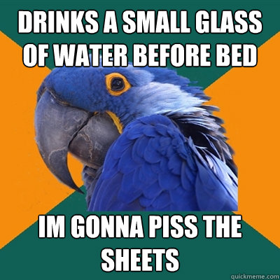 Drinks a small glass of water before bed Im gonna piss the sheets  Paranoid Parrot