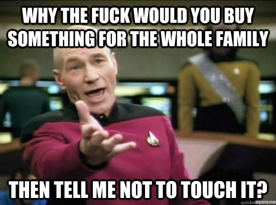Why the fuck would you buy something for the whole family then tell me not to touch it? - Why the fuck would you buy something for the whole family then tell me not to touch it?  Annoyed Picard HD