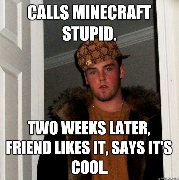 Calls Minecraft stupid. Two weeks later, friend likes it, says it's cool.  Scumbag Steve