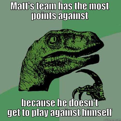 MATT'S TEAM HAS THE MOST POINTS AGAINST BECAUSE HE DOESN'T GET TO PLAY AGAINST HIMSELF Philosoraptor