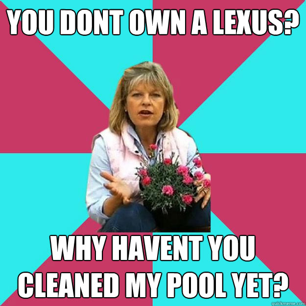 you dont own a lexus? why havent you cleaned my pool yet?  SNOB MOTHER-IN-LAW