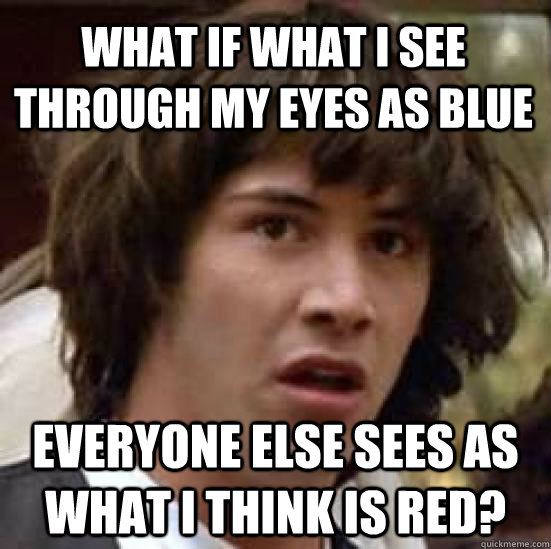 what if what i see through my eyes as blue everyone else sees as what i think is red?  conspiracy keanu