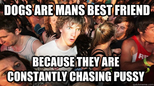 Dogs are mans best friend Because they are constantly chasing pussy  Sudden Clarity Clarence