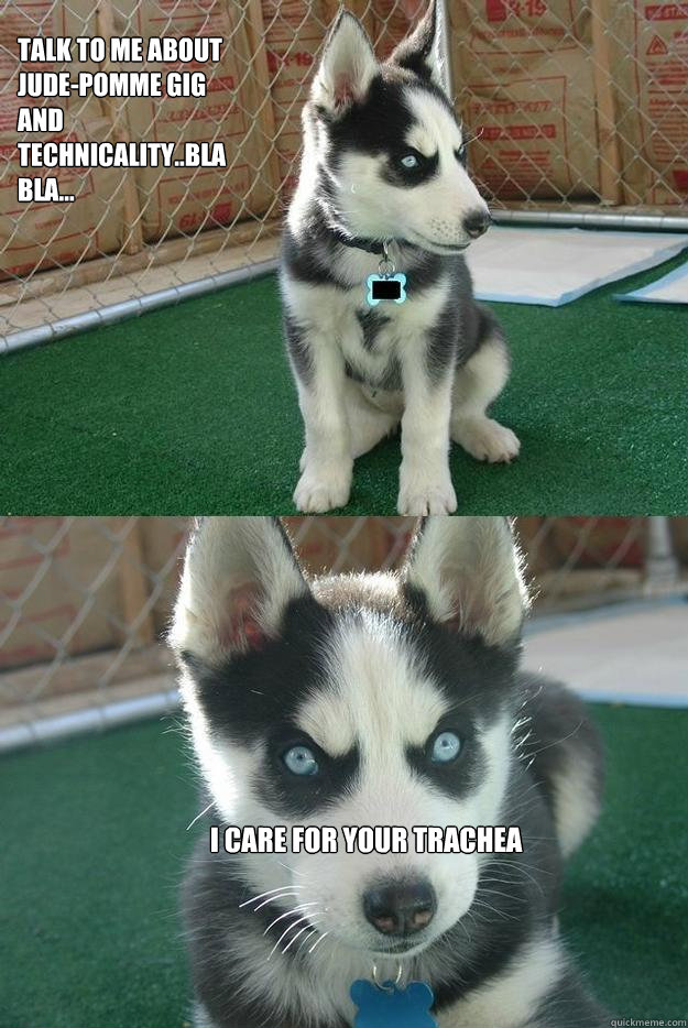 talk to me about Jude-pomme gig and technicality..bla bla... i care for your trachea  Insanity puppy