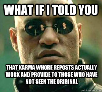 What if i told you that karma whore reposts actually work and provide to those who have not seen the original - What if i told you that karma whore reposts actually work and provide to those who have not seen the original  WhatIfIToldYouBing