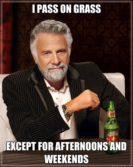 i pass on grass except for afternoons and weekends  Dos Equis man