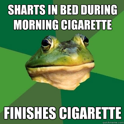 Sharts in bed during morning cigarette Finishes cigarette  Foul Bachelor Frog