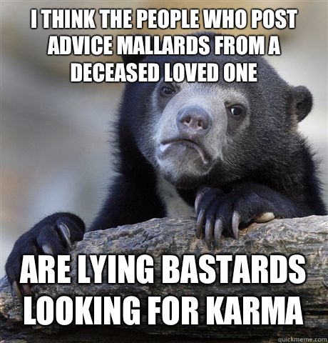 I THINK THE PEOPLE WHO POST ADVICE MALLARDS FROM A DECEASED LOVED ONE ARE LYING BASTARDS LOOKING FOR KARMA  Confession Bear