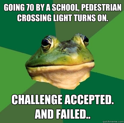 Going 70 by a school, pedestrian crossing light turns on. Challenge accepted.
and failed..  Foul Bachelor Frog