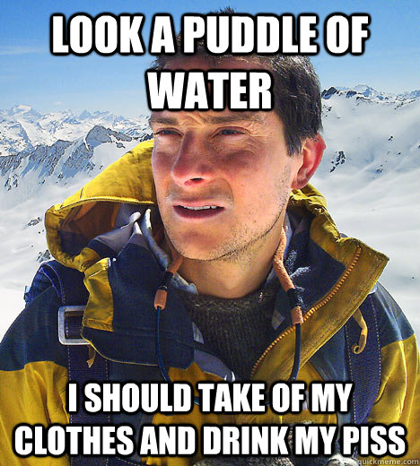Look a puddle of water I should take of my clothes and drink my piss  BEAR GRILLS