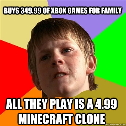 Buys 349.99 of xbox games for family all they play is a 4.99 minecraft clone  Angry School Boy