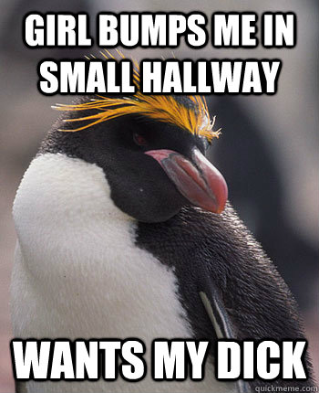 Girl bumps me in small hallway Wants my dick  Socially Overconfident Penguin