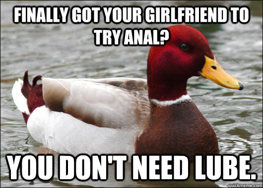 finally got your girlfriend to try anal? you don't need lube.  Malicious Advice Mallard