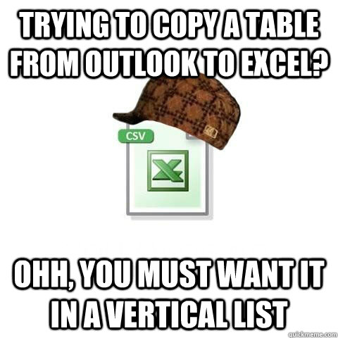 Trying to copy a table from outlook to Excel? Ohh, You must want it in a vertical list  Scumbag excel