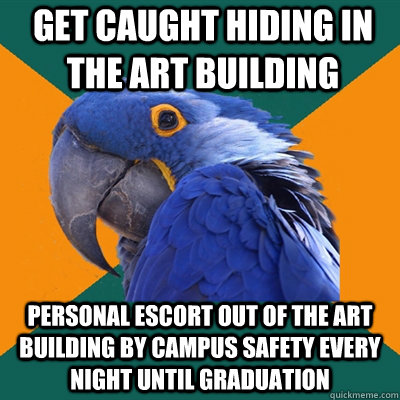 Get caught hiding in the art building Personal escort out of the art building by campus safety every night until graduation  Paranoid Parrot