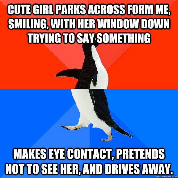 Cute girl parks across form me, smiling, with her window down trying to say something makes eye contact, pretends not to see her, and drives away.  Socially Awesome Awkward Penguin