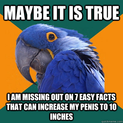 Maybe It is true I AM MISSING OUT ON 7 EASY FACTS THAT CAN INCREASE MY PENIS TO 10 INCHES  Paranoid Parrot