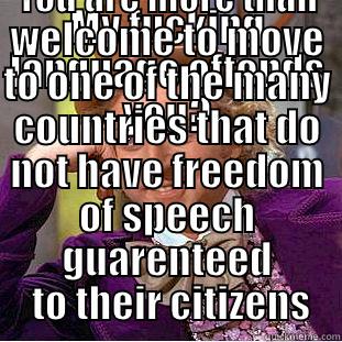 MY FUCKING LANGUAGE OFFENDS YOU? YOU ARE MORE THAN WELCOME TO MOVE TO ONE OF THE MANY COUNTRIES THAT DO NOT HAVE FREEDOM OF SPEECH GUARENTEED  TO THEIR CITIZENS Condescending Wonka