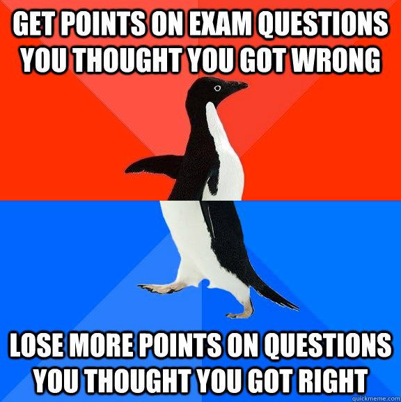 Get points on exam questions you thought you got wrong Lose more points on questions you thought you got right  Socially Awesome Awkward Penguin