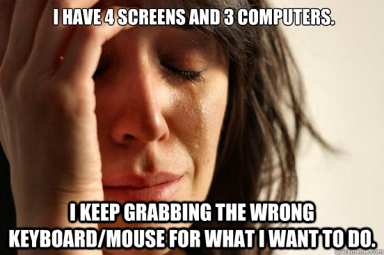  I have 4 screens and 3 computers. I keep grabbing the wrong keyboard/mouse for what I want to do.  First World Problems
