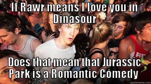 IF RAWR MEANS I LOVE YOU IN DINASOUR DOES THAT MEAN THAT JURASSIC PARK IS A ROMANTIC COMEDY  Sudden Clarity Clarence