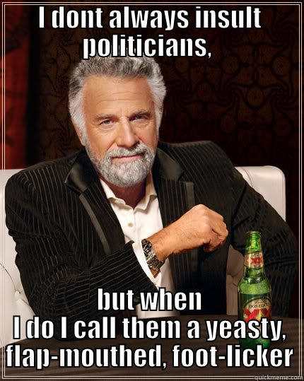 I DONT ALWAYS INSULT POLITICIANS,  BUT WHEN I DO I CALL THEM A YEASTY, FLAP-MOUTHED, FOOT-LICKER The Most Interesting Man In The World