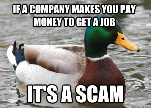 If a company makes you pay money to get a job It's a scam  Actual Advice Mallard