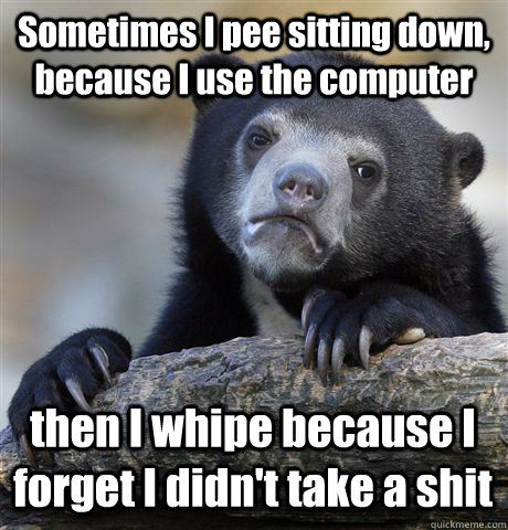 Sometimes I pee sitting down, because I use the computer then I whipe because I forget I didn't take a shit  Confession Bear