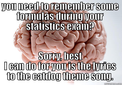 The Brain During Finals - YOU NEED TO REMEMBER SOME FORMULAS DURING YOUR STATISTICS EXAM? SORRY, BEST I CAN DO FOR YOU IS THE LYRICS TO THE CATDOG THEME SONG. Scumbag Brain