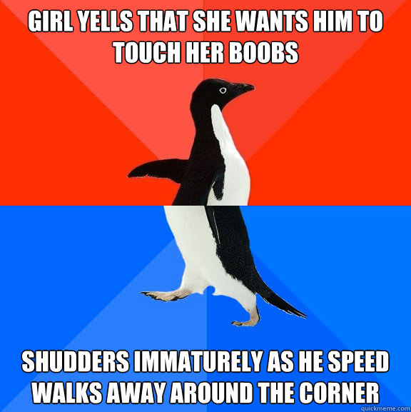 Girl yells that she wants him to touch her boobs Shudders immaturely as he speed walks away around the corner  Socially Awesome Awkward Penguin