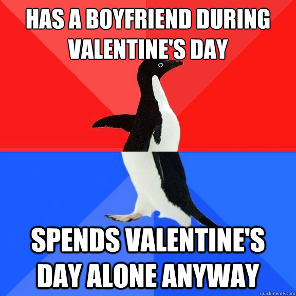 Has a boyfriend during Valentine's Day Spends Valentine's day alone anyway  Socially Awksome Penguin