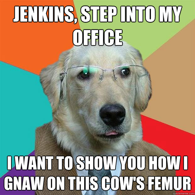 jenkins, step into my office i want to show you how i gnaw on this cow's femur  Business Dog