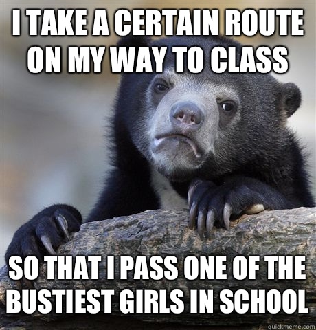 I TAKE A CERTAIN ROUTE ON MY WAY TO CLASS SO THAT I PASS ONE OF THE BUSTIEST GIRLS IN SCHOOL  Confession Bear