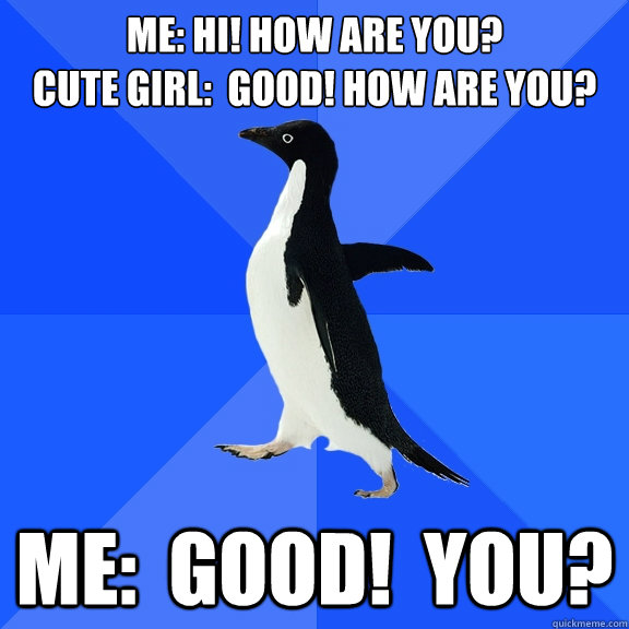 Me: Hi! How are you?
Cute Girl:  Good! How are YOU? Me:  Good!  You?  Socially Awkward Penguin