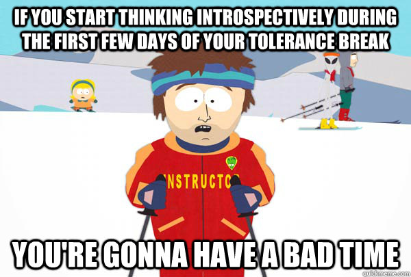 If you start thinking introspectively during the first few days of your tolerance break You're gonna have a bad time  Super Cool Ski Instructor