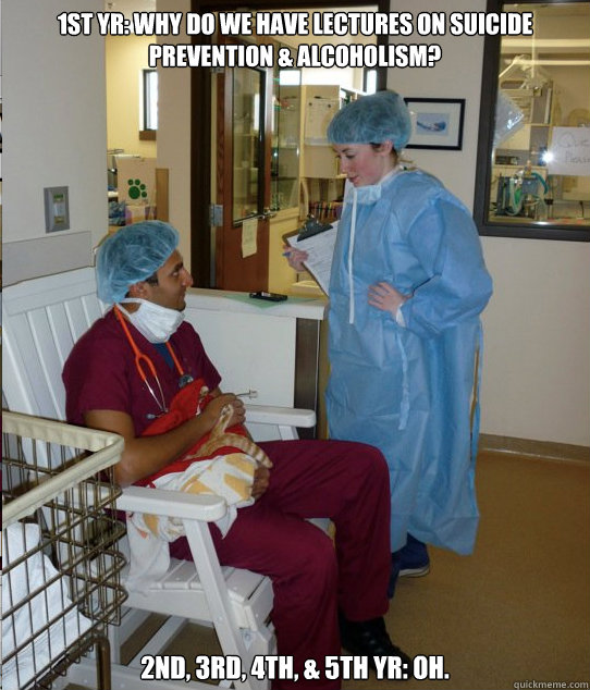 1st Yr: Why do we have lectures on suicide prevention & alcoholism? 2nd, 3rd, 4th, & 5th Yr: Oh. - 1st Yr: Why do we have lectures on suicide prevention & alcoholism? 2nd, 3rd, 4th, & 5th Yr: Oh.  Overworked Veterinary Student