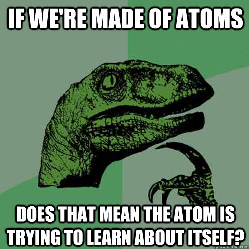 If we're made of atoms Does that mean the atom is trying to learn about itself?  Philosoraptor