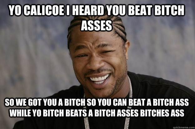 YO CALICOE I HEARD YOU BEAT BITCH ASSES SO WE GOT YOU A BITCH SO YOU CAN BEAT A BITCH ASS WHILE YO BITCH BEATS A BITCH ASSES BITCHES ASS  Xzibit meme