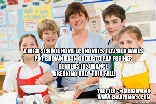 A high School Home Economics Teacher bakes Pot Brownies in order to pay for her 
renters insurance 
