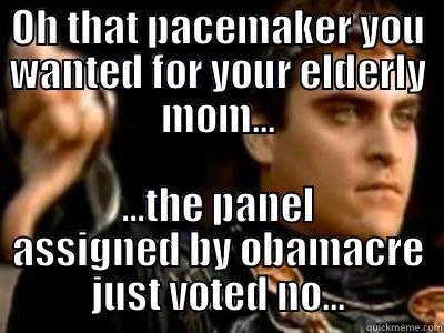 obamacare really doesn't care for grandma - OH THAT PACEMAKER YOU WANTED FOR YOUR ELDERLY MOM... ...THE PANEL ASSIGNED BY OBAMACRE JUST VOTED NO... Downvoting Roman