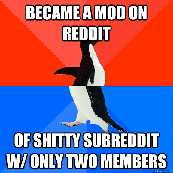 became a mod on reddit of shitty subreddit w/ only two members  Socially Awesome Awkward Penguin