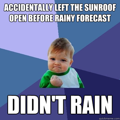 Accidentally left the sunroof open before rainy forecast didn't rain  Success Kid