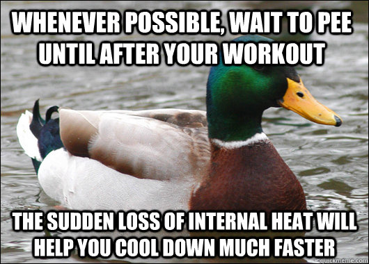 Whenever possible, wait to pee until after your workout The sudden loss of internal heat will help you cool down much faster  Actual Advice Mallard
