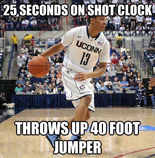 25 Seconds on shot clock throws up 40 foot jumper  