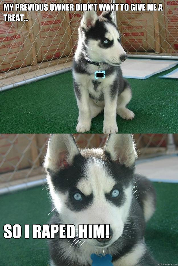 My previous owner didn't want to give me a treat... So I raped him!  Insanity puppy
