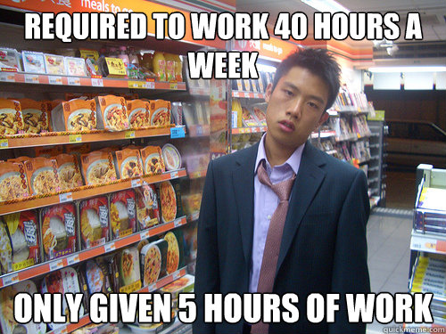 Required to work 40 hours a week Only given 5 hours of work  Disenchanted Young Professional