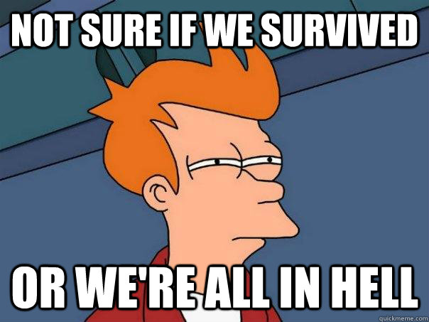 Not sure if we survived Or we're all in hell  Futurama Fry
