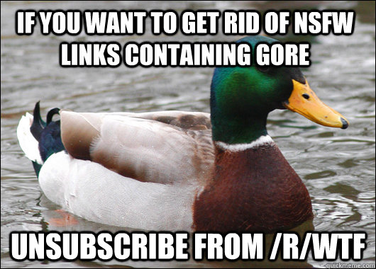 If you want to get rid of NSFW links containing gore Unsubscribe from /r/wtf  Actual Advice Mallard